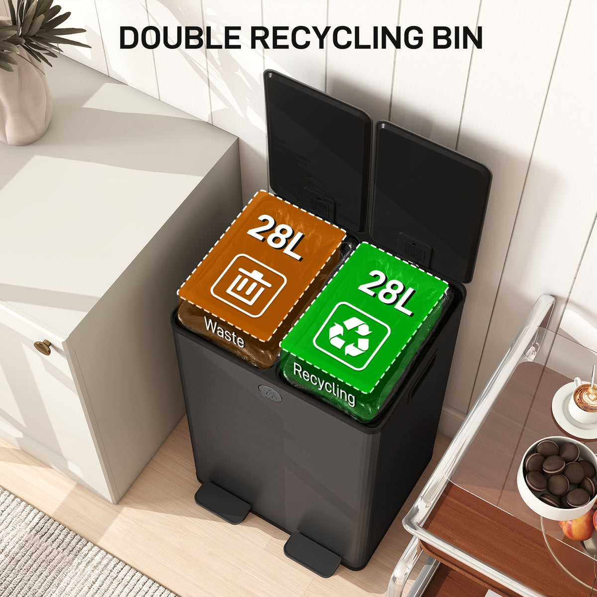 Dual Garbage Bin with Foot Pedal 2 x 28 Litre
