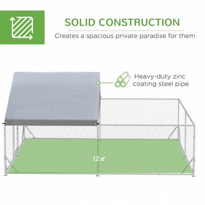 Large metal outdoor chicken coop with run and tarp