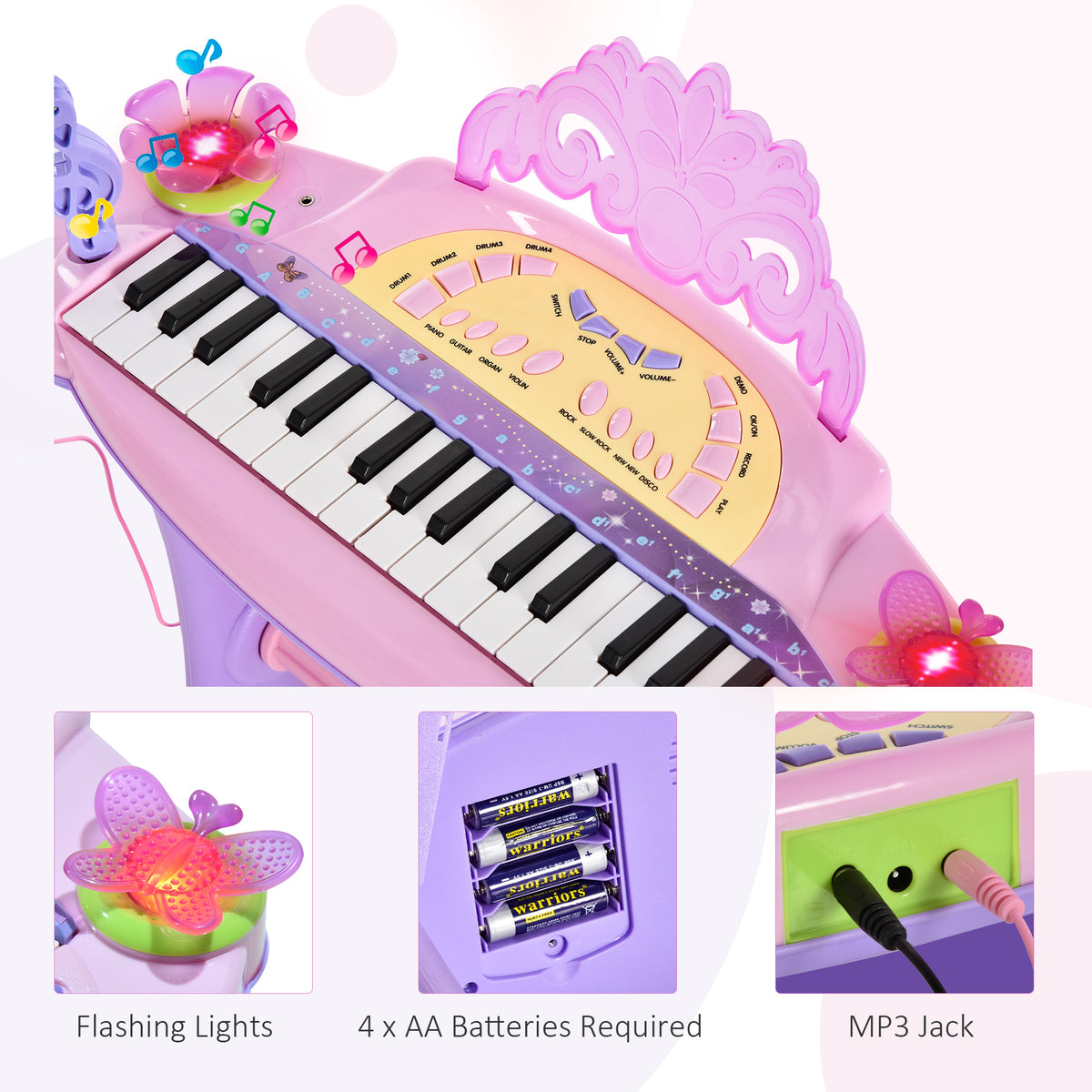 Piano electrónico para niños con diseño de mariposa y taburete