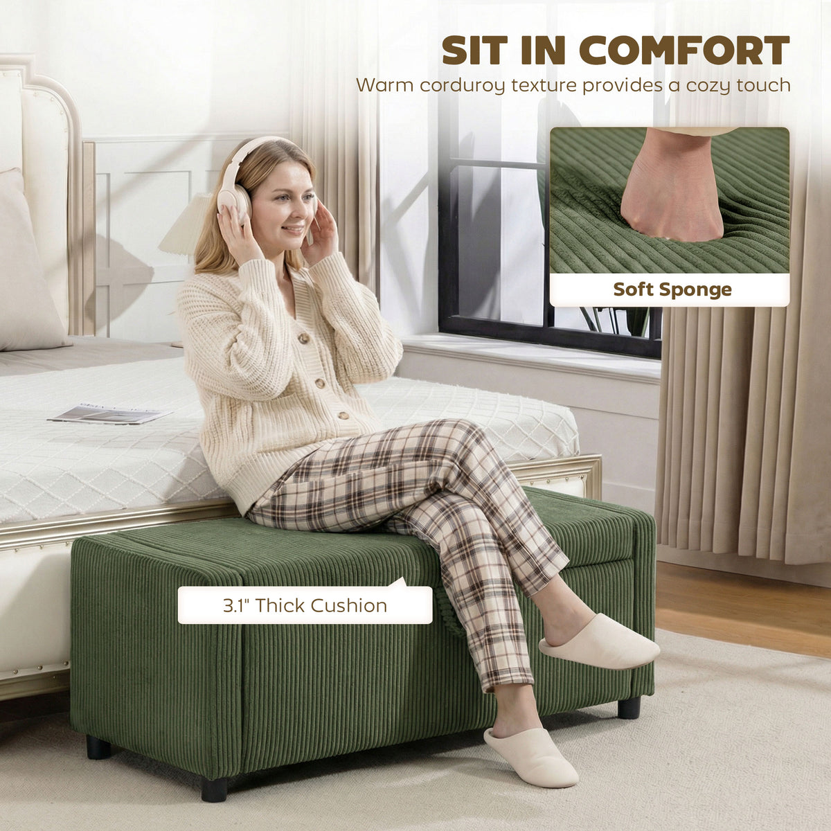 Upholstered Corduroy Storage Ottoman Bench