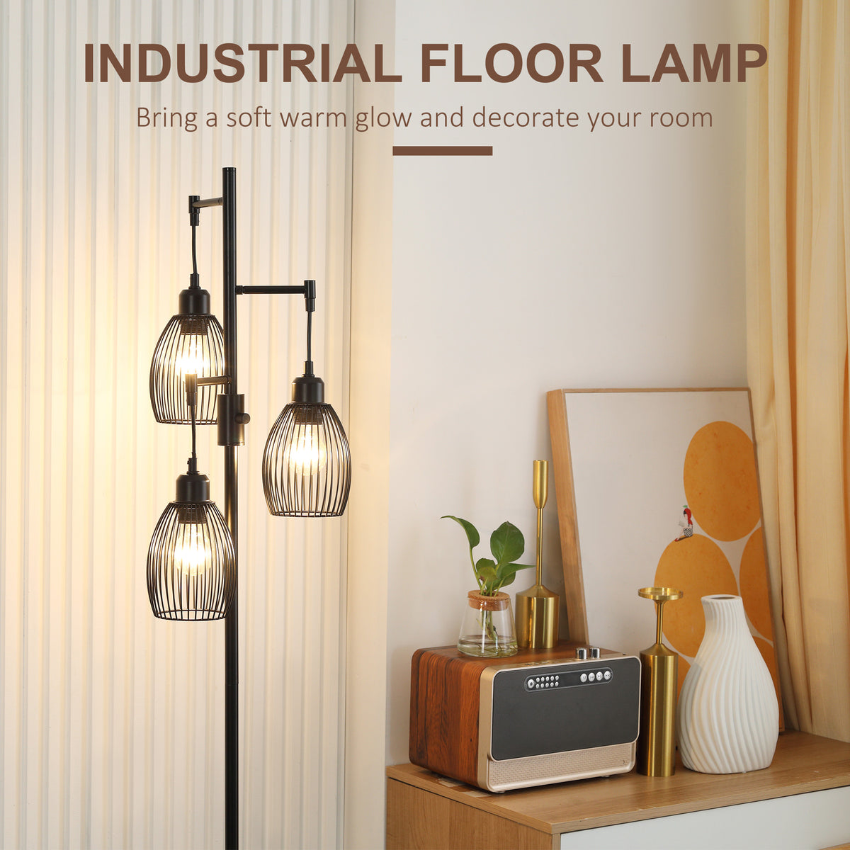Industrial Floor Lamp 3 Hanging Cage Shades, Dimmable