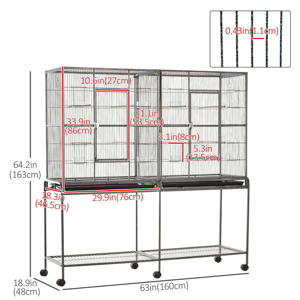 Large Rolling Bird Cage with Perches and Feeder Cups
