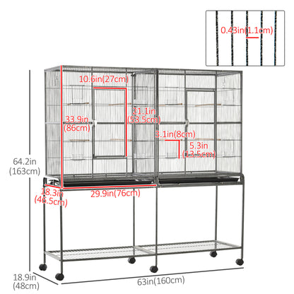 Large Rolling Bird Cage with Perches and Feeder Cups