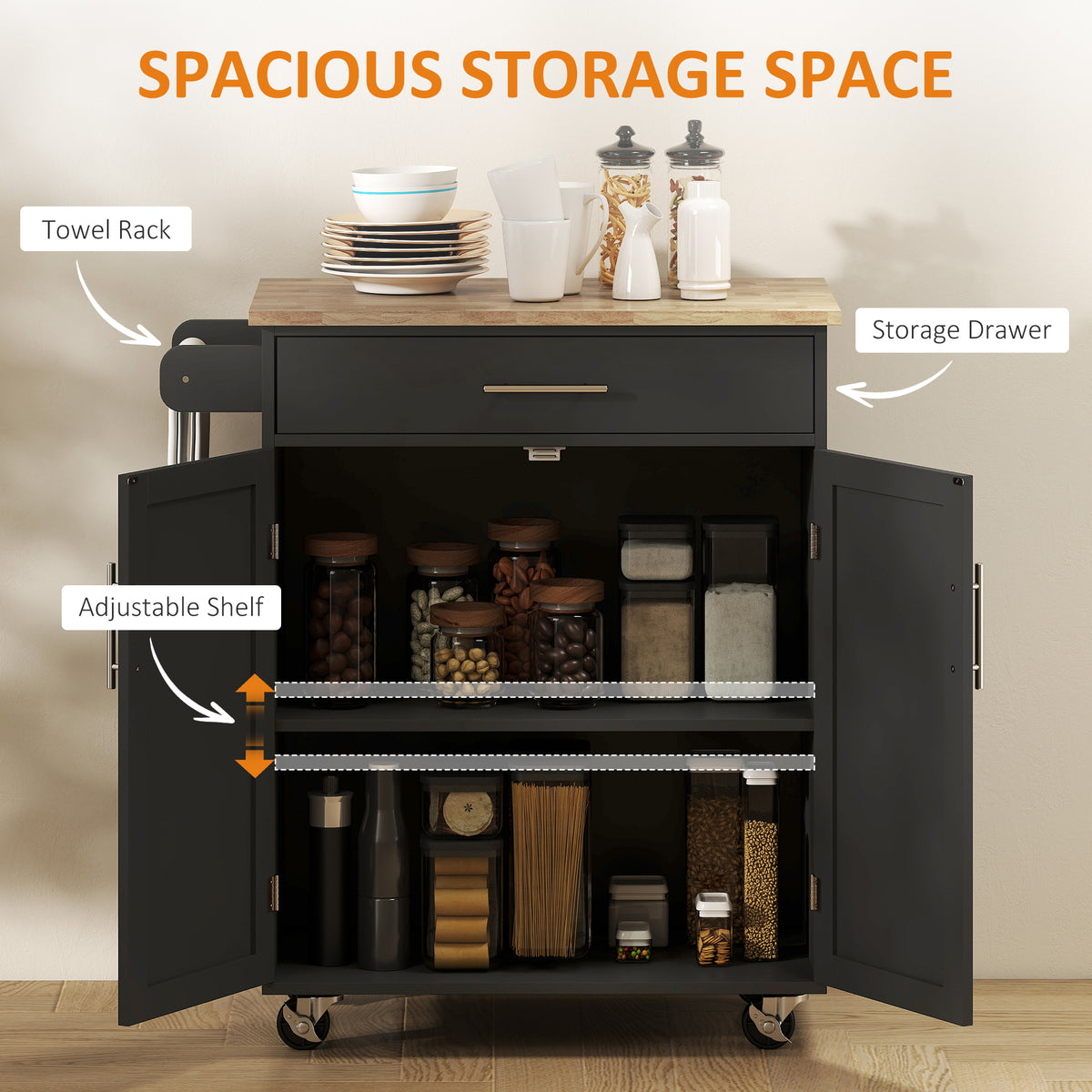Rolling kitchen island cart with wood top and storage