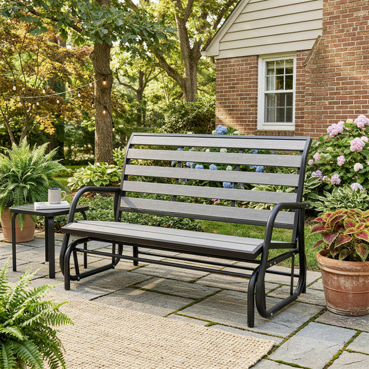 2-Person Patio Glider Bench — Steel and Faux Wood