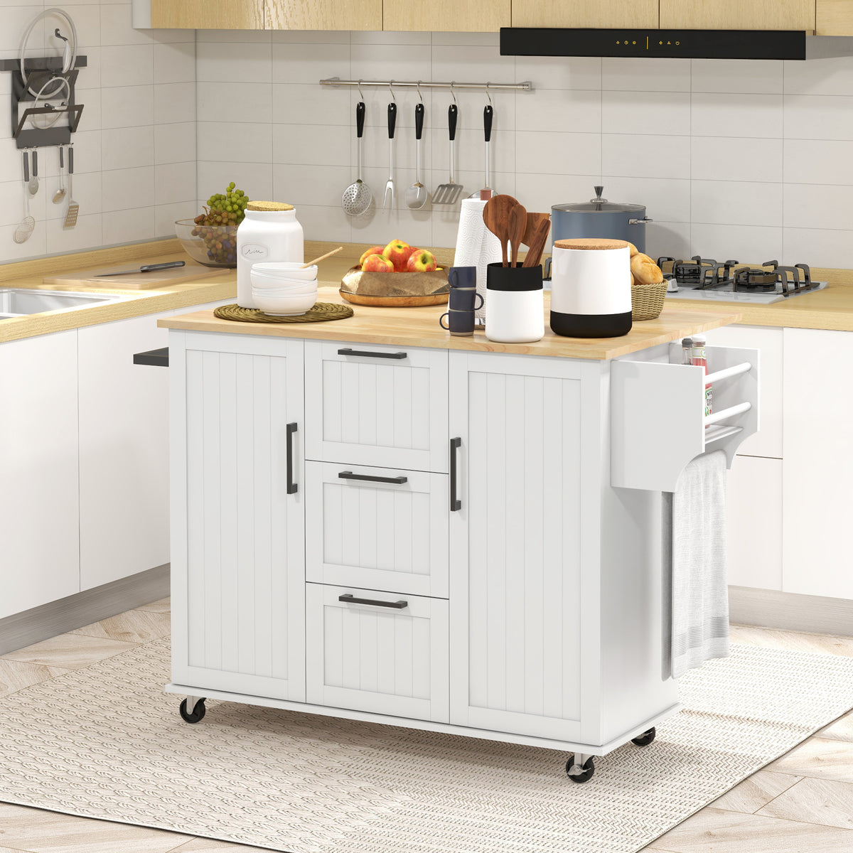 Isla de cocina con ruedas, tapa abatible y cajones