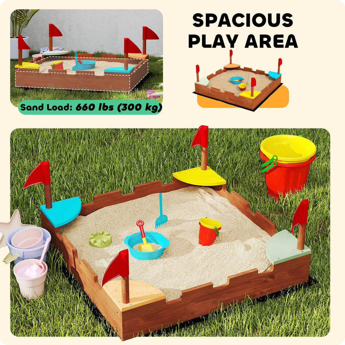 Caja de arena de madera para niños con banderas