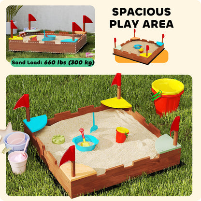 Caja de arena de madera para niños con banderas