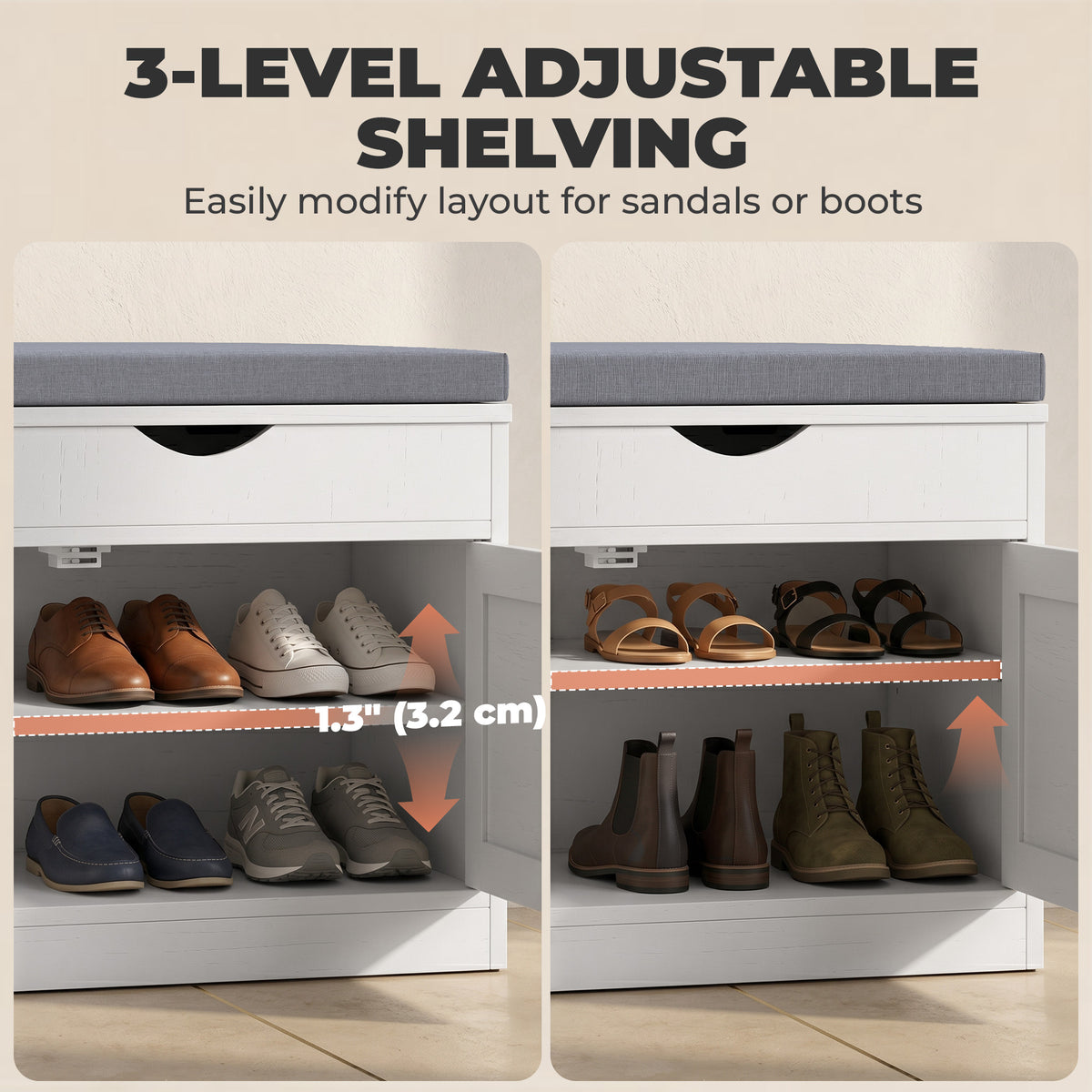 Shoe storage bench with cushion and three doors