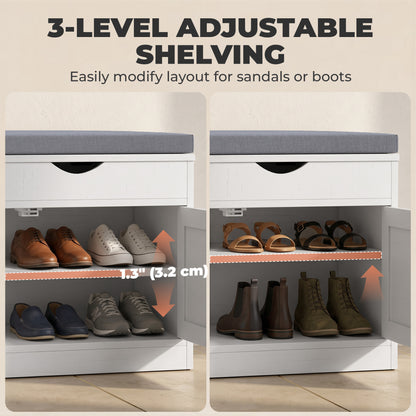 Shoe storage bench with cushion and three doors