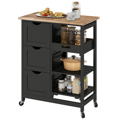 Rolling kitchen cart with wood top and drawers