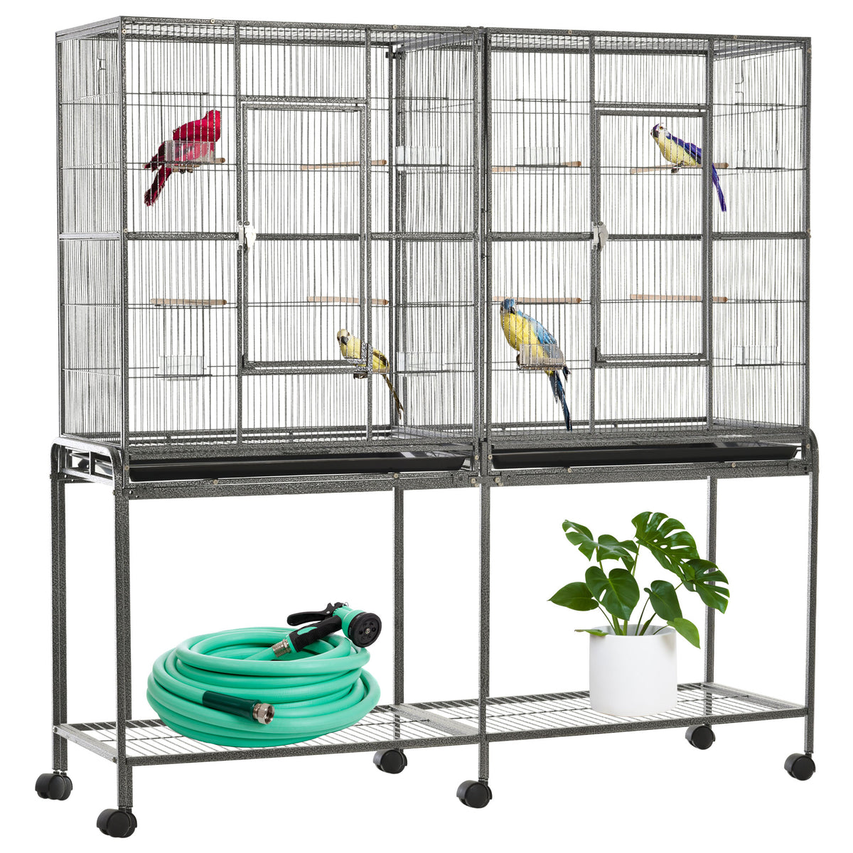 Large Rolling Bird Cage with Perches and Feeder Cups