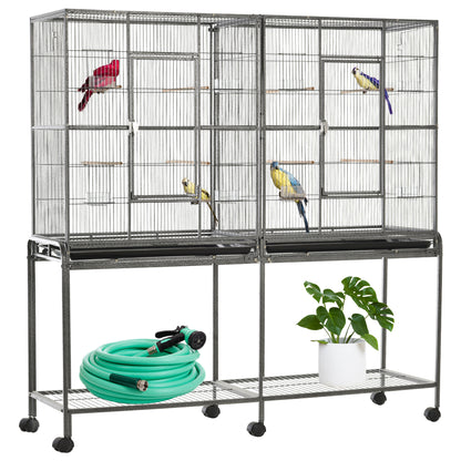Large Rolling Bird Cage with Perches and Feeder Cups