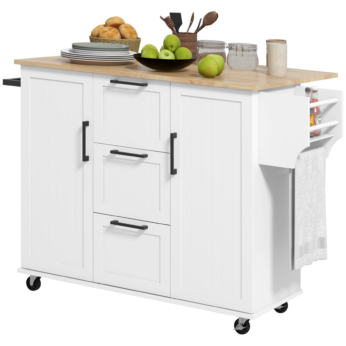 Isla de cocina con ruedas, tapa abatible y cajones