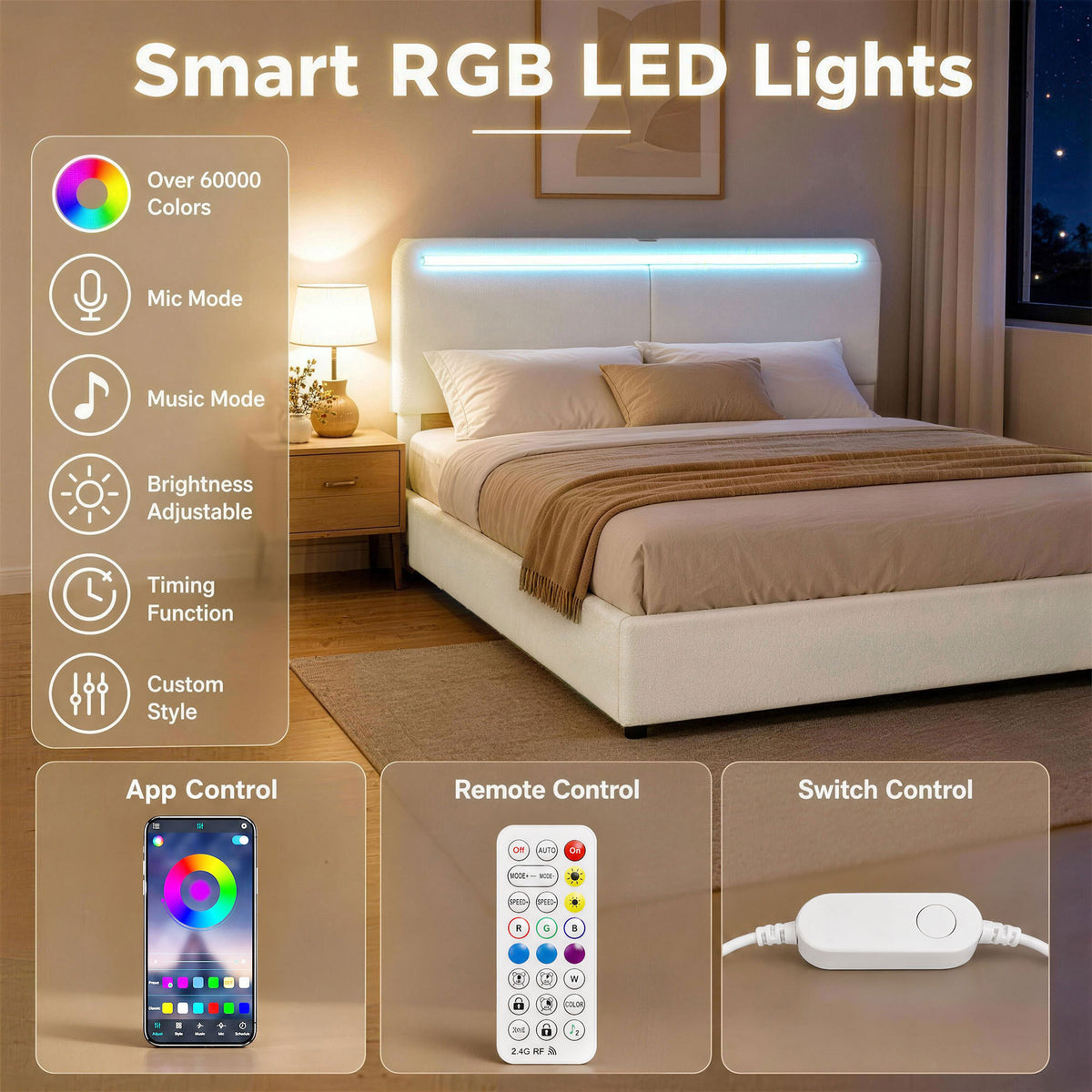 Cama Queen de plataforma con estación de carga y almacenamiento