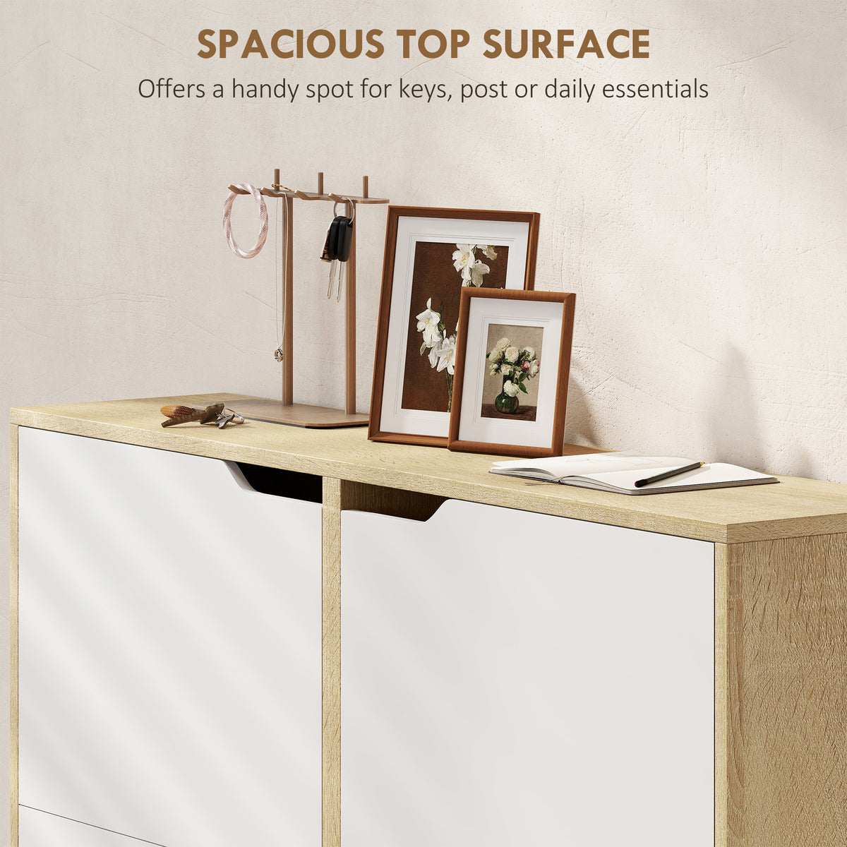 Narrow shoe cabinet with flip drawers