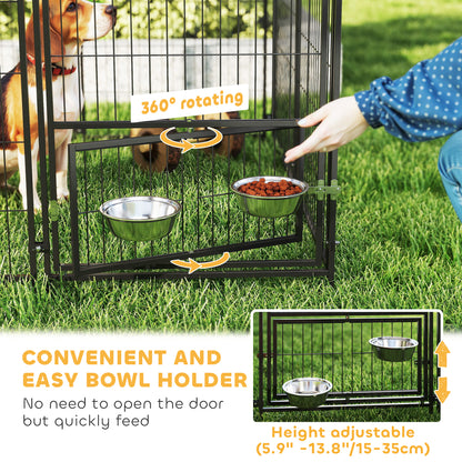 Corral exterior para perros con techo y tazones