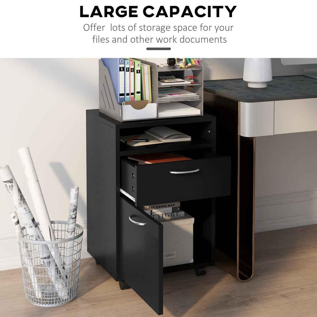 Compact Mobile File Cabinet with Shelf and Drawer