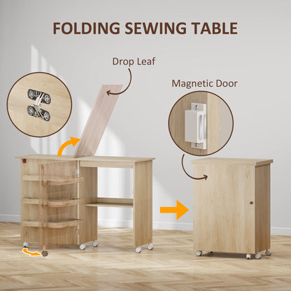 Folding Sewing Cabinet with Storage and Lockable Wheels