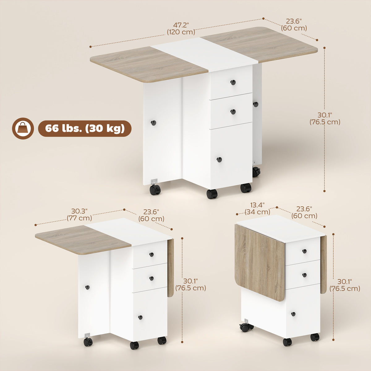 Drop leaf folding dining table with storage — Wheels