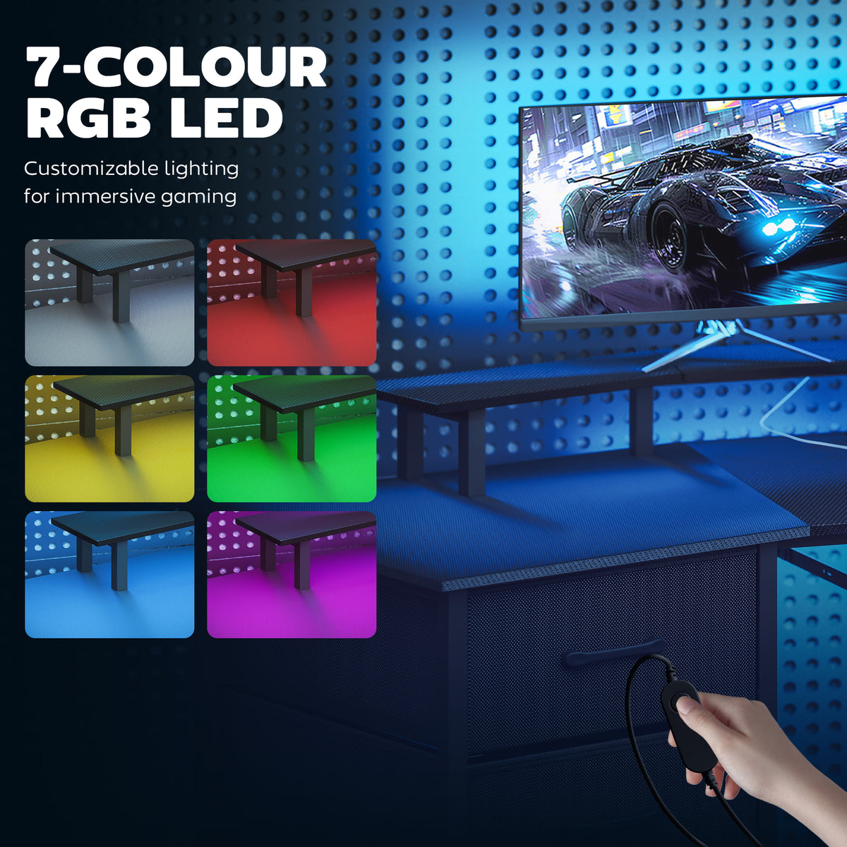 Curved Gaming Desk with RGB Lights, Outlets and Drawers
