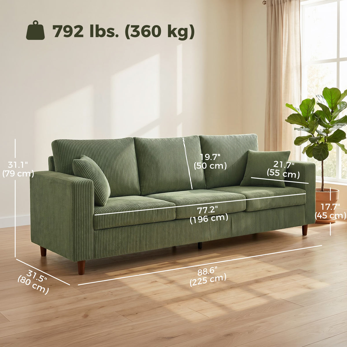 3-Seater Sofa Wide Deep Seat Corduroy with Spring Cushion