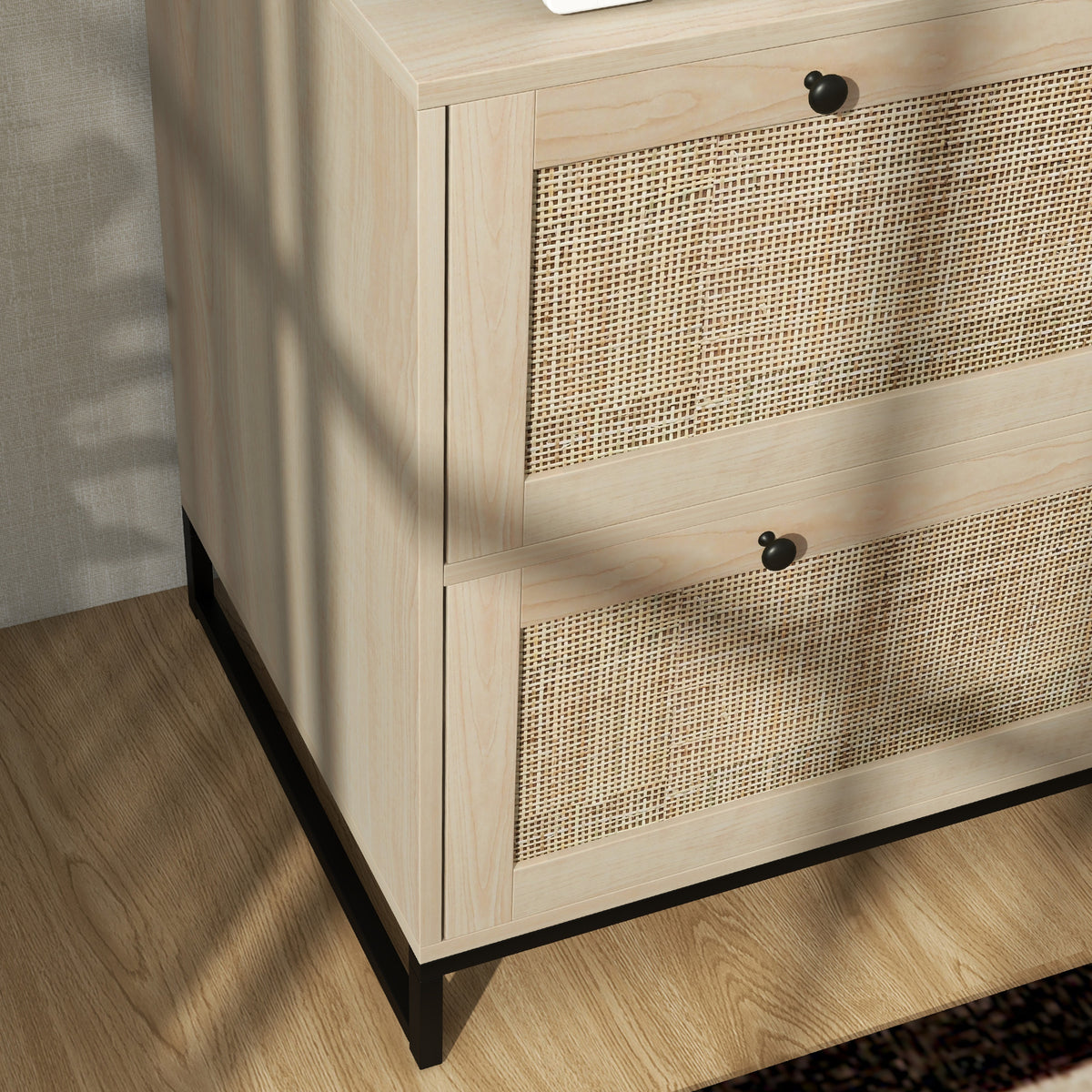 2-Drawer Filing Cabinet with Lock and Rattan Design