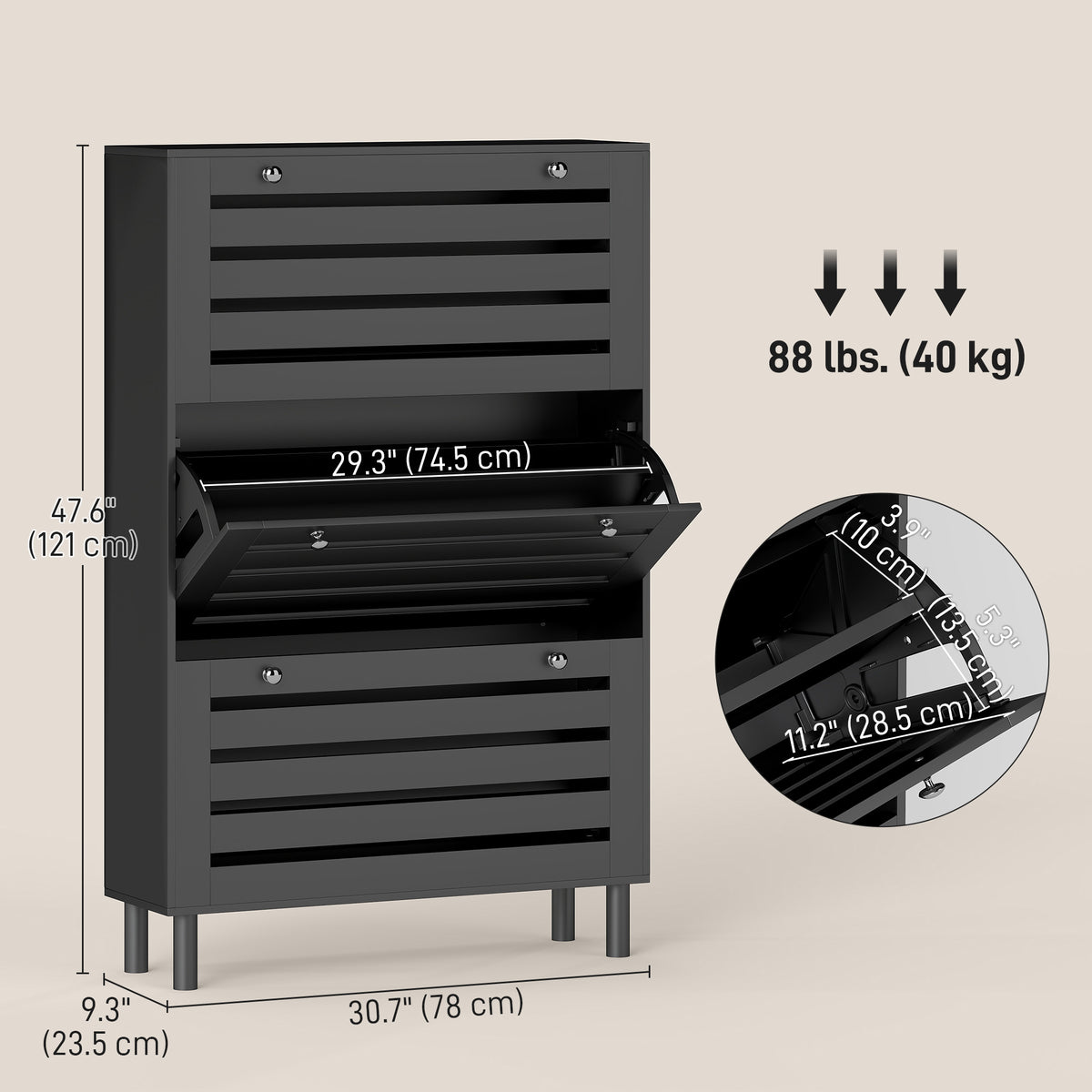 Narrow shoe storage cabinet 3 flip drawers