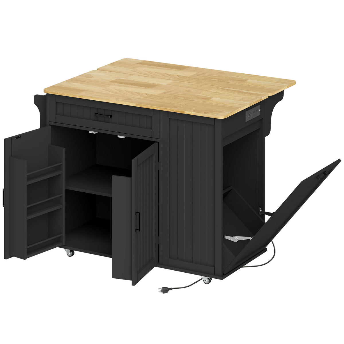 Portable kitchen island cart with charging station and drop leaf