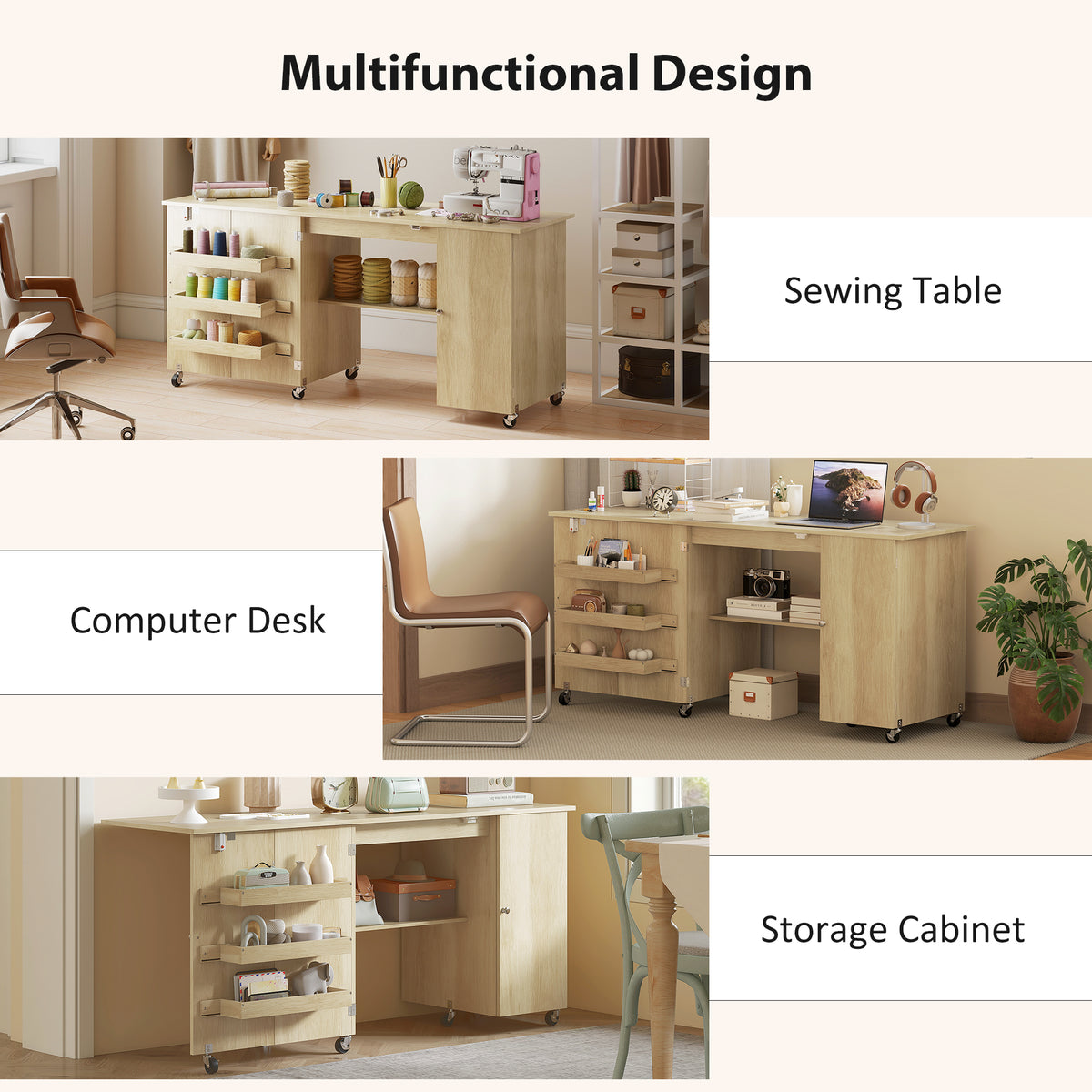 Folding Sewing Machine Table with Doors — Wood