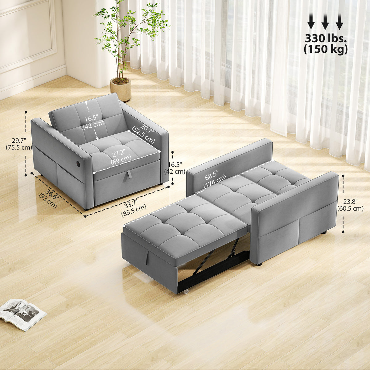 Convertible Velvet Chair Bed with USB Charging