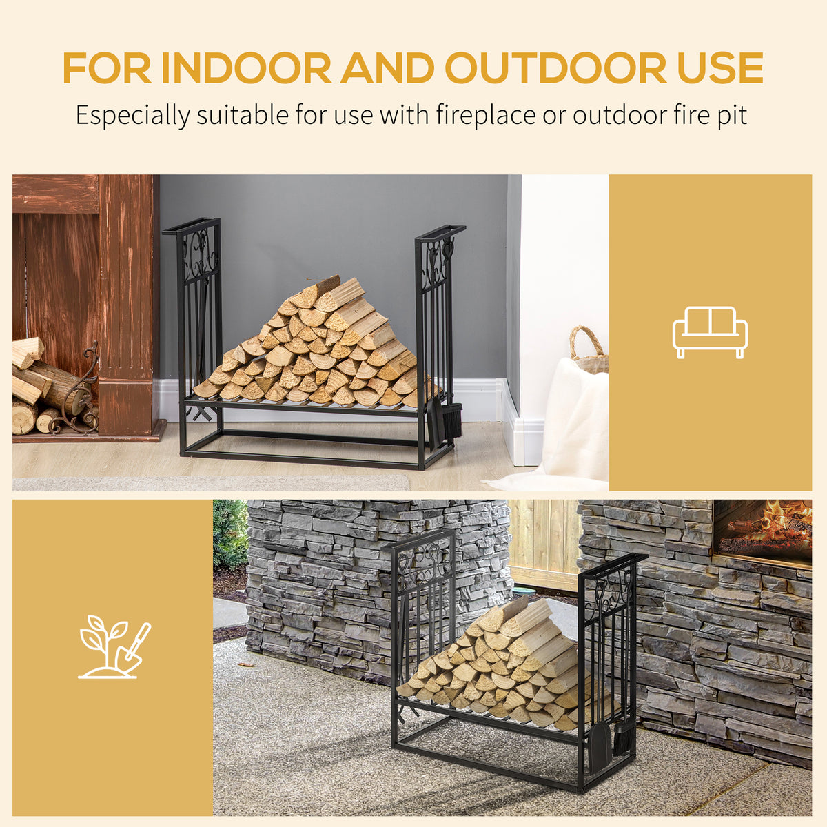 Vintage Firewood Log Rack with 4 Tools