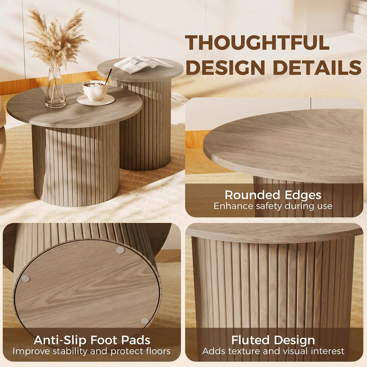 Round nesting coffee table weathered wood — Set of 2