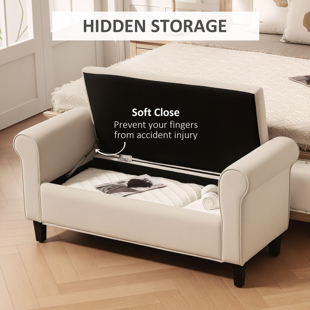 Tufted Storage Bench with Rolled Arms