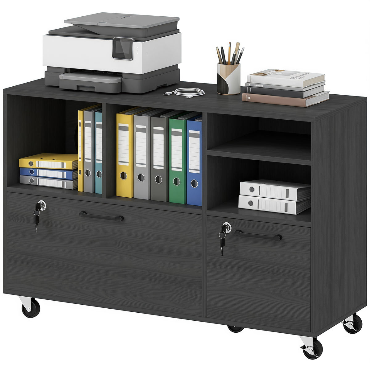 Mobile file cabinet with charging station and lock