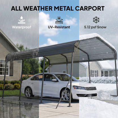 Heavy-Duty Metal Carport 10 x 15 ft or 11 x 15 ft, Gable Roof