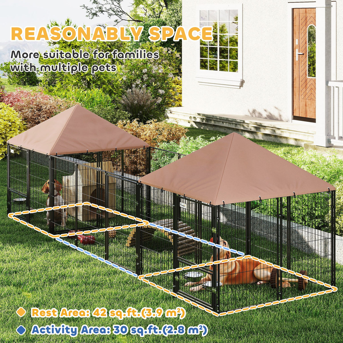 Corral exterior para perros con techo y tazones