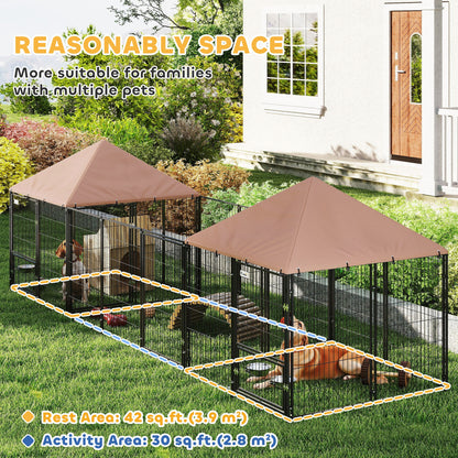 Corral exterior para perros con techo y tazones