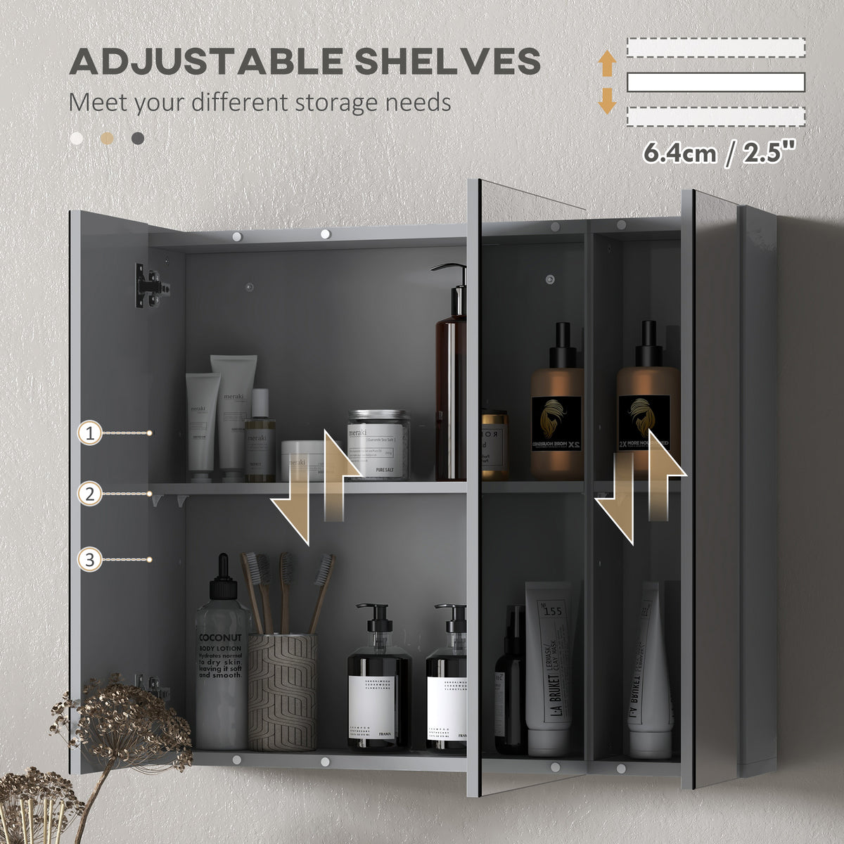Armario de pared para baño con espejo y 3 puertas
