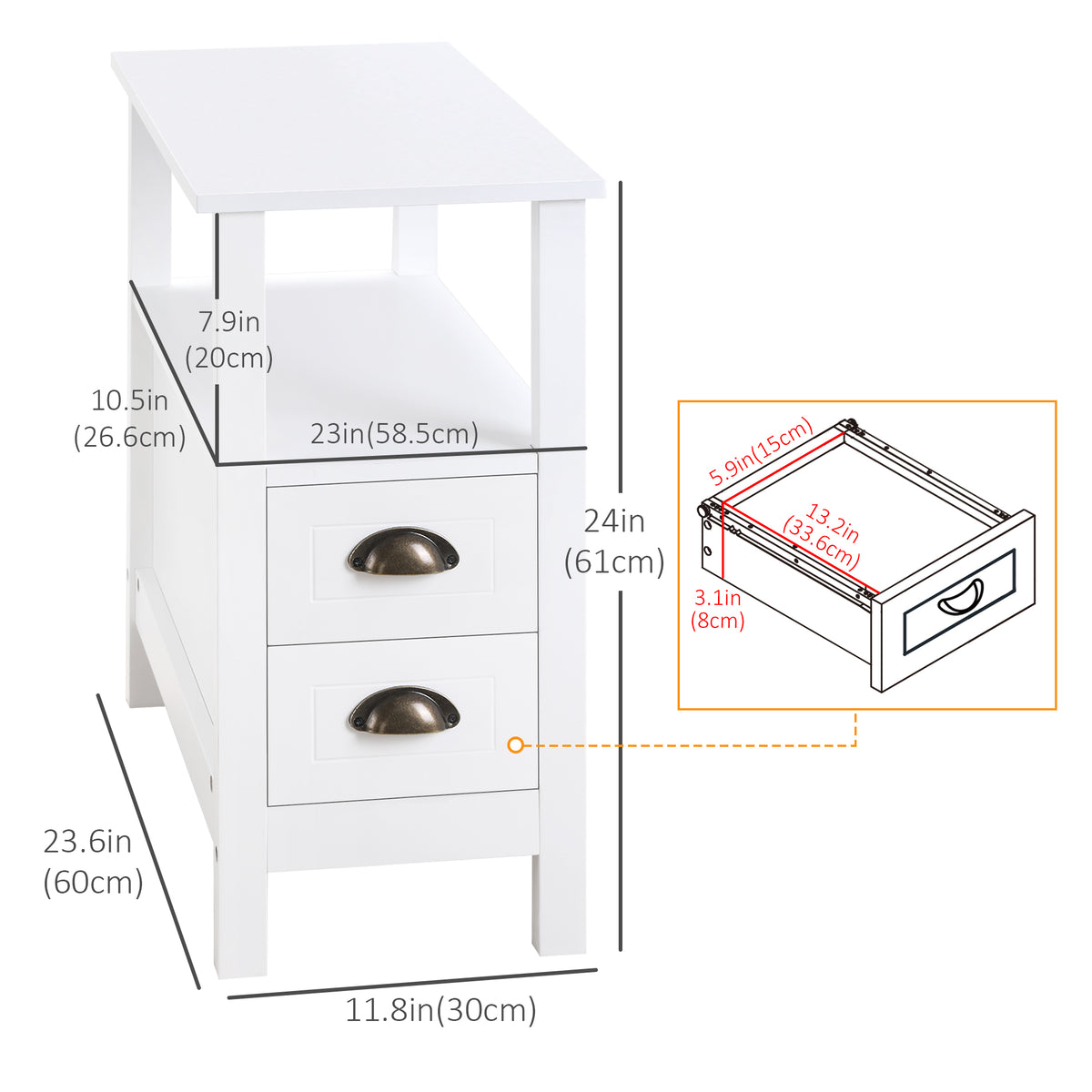 Slim End Table with 2 Drawers and Shelf