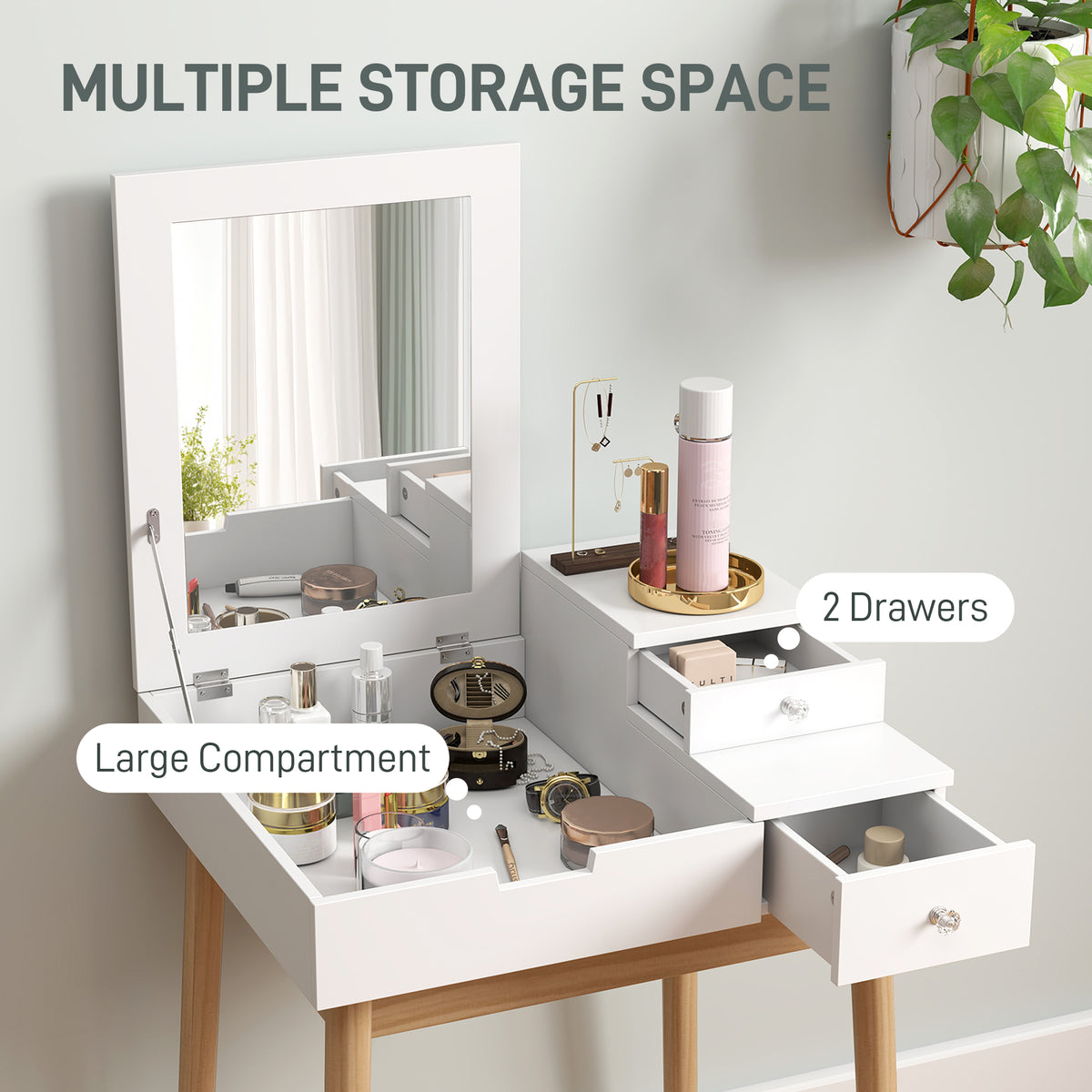 Vanity table with flip-up mirror and drawers
