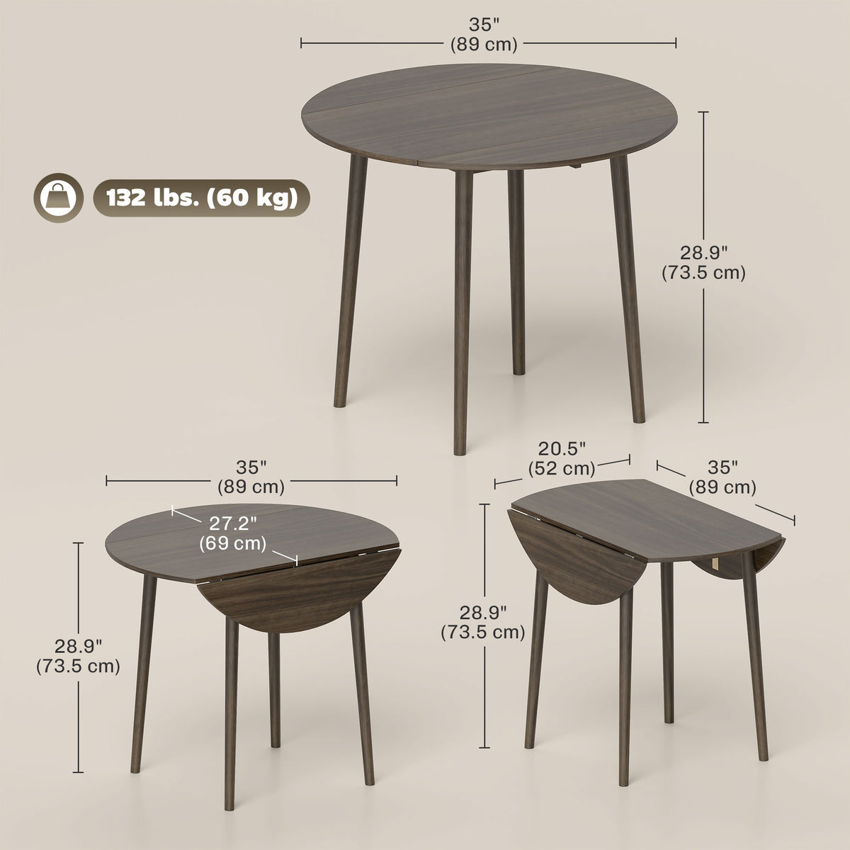 Folding dining table round drop leaf expandable