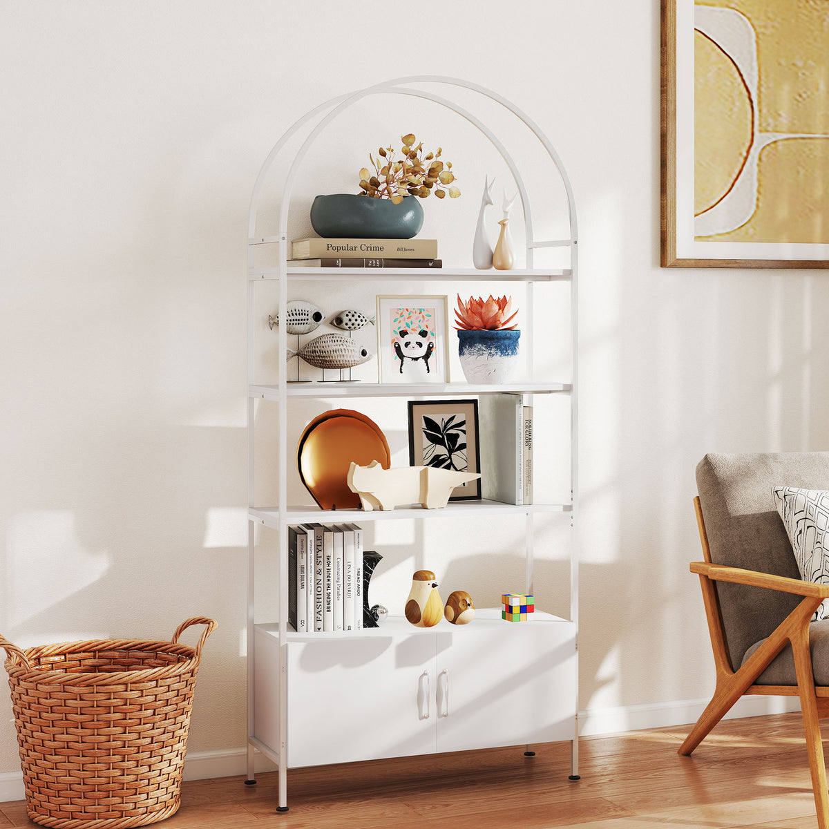 Librería arqueada de 4 niveles con mueble de almacenamiento
