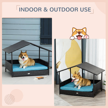 Elevated Rattan Dog House with Canopy Shelter