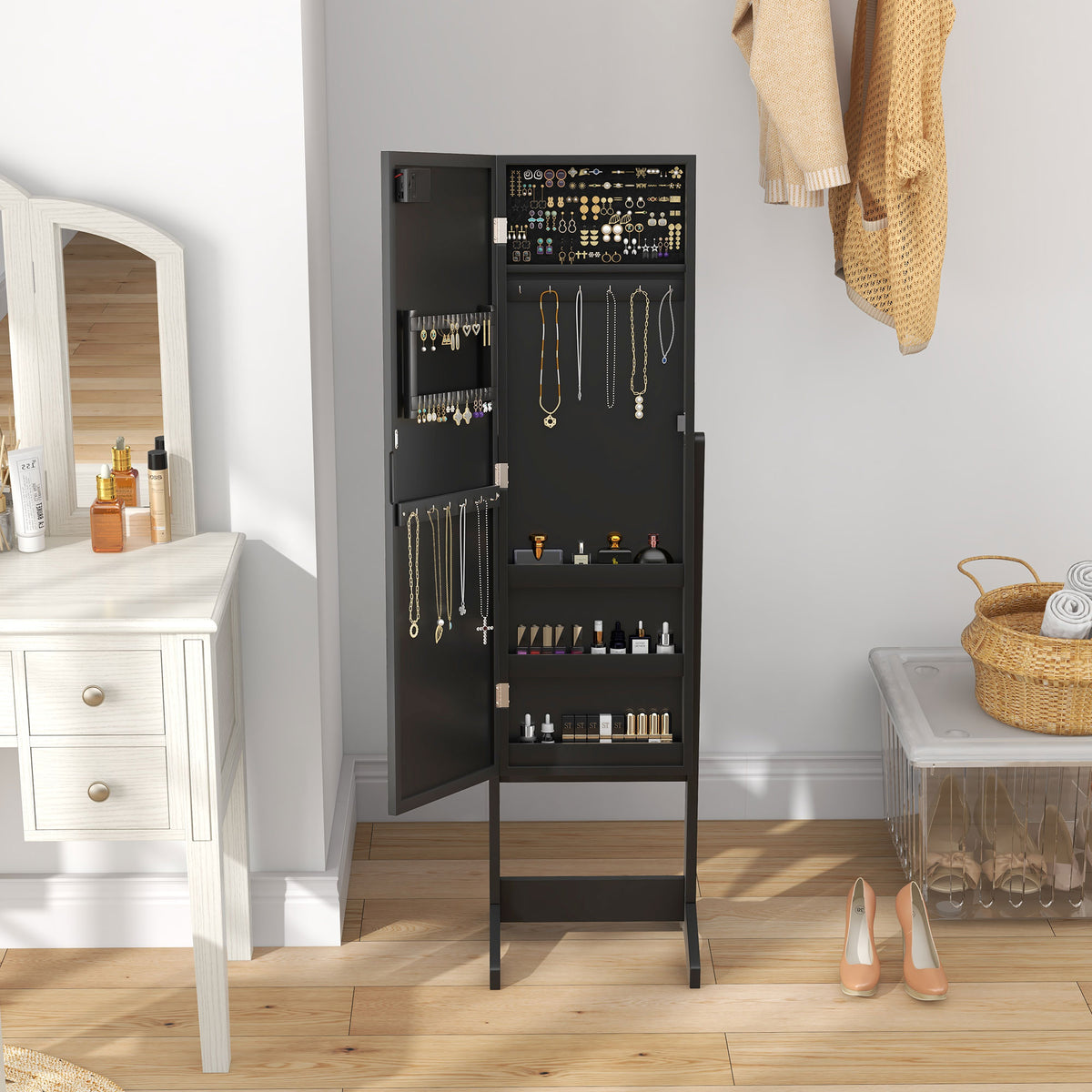 Standing Jewelry Armoire with Mirror and LED Lights