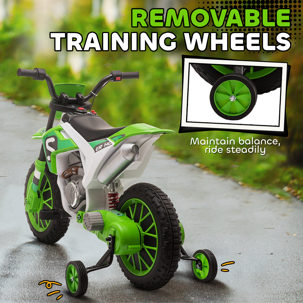 Electric motorcycle kids 12V removable wheels