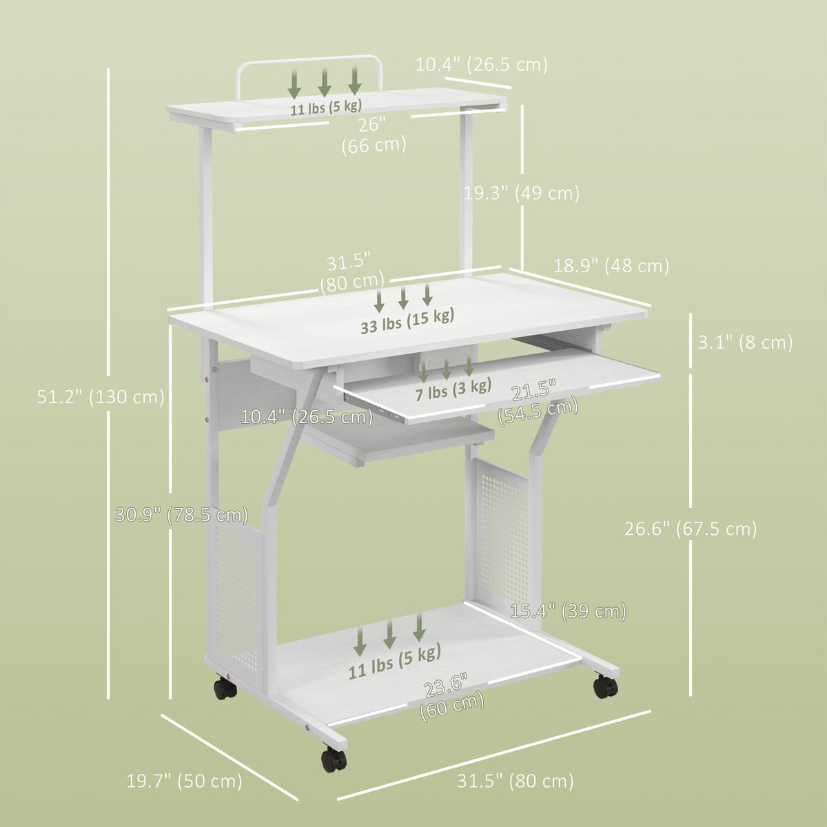 Mobile computer desk with shelves and rolling wheels