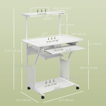 Mobile computer desk with shelves and rolling wheels