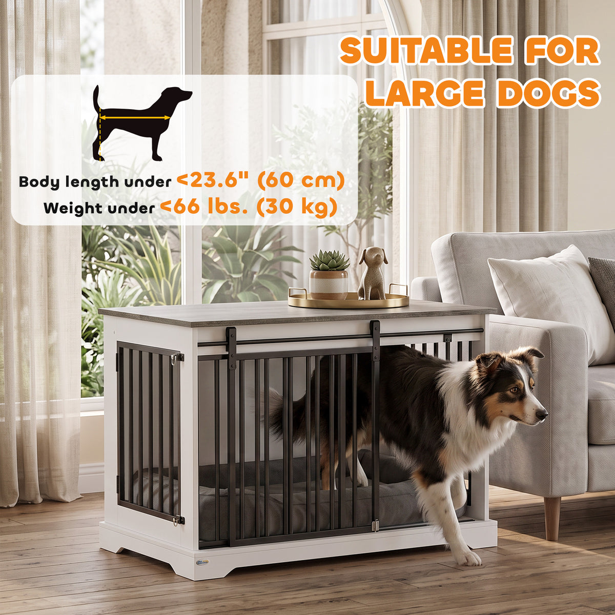 Dog crate furniture with sliding barn door