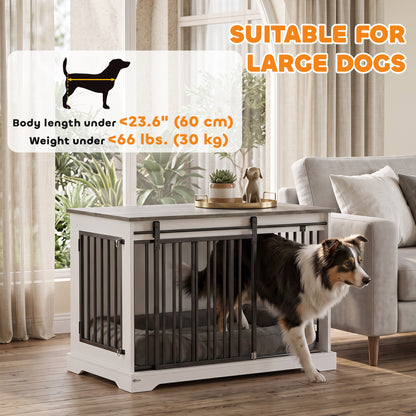Dog crate furniture with sliding barn door